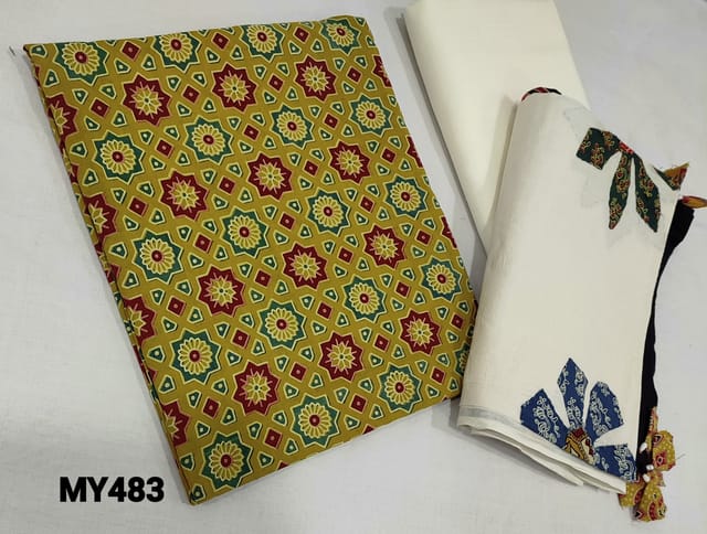CODE MY483: Designer Mehandhi Green Ajrak Pure Cotton Unstitched Salwar material(lining optional),  cotton or silk cotton bottom, kantha stitch and block printed mul cotton dupatta with tassels.