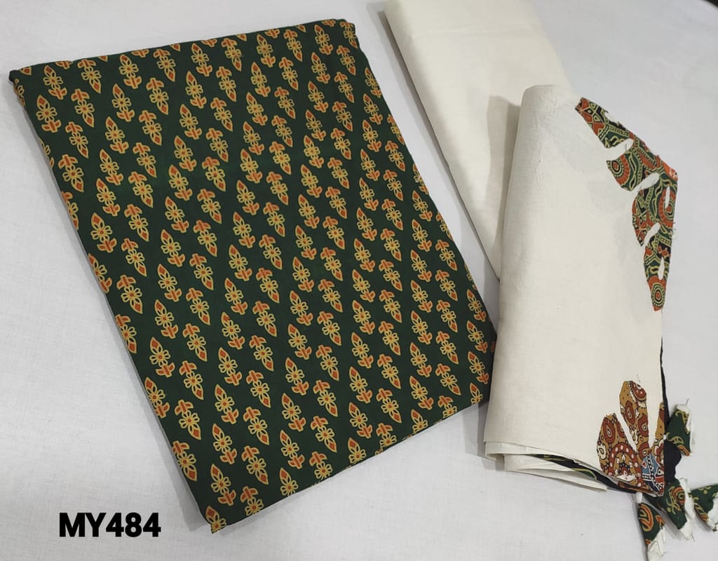 CODE MY484: Designer Green Ajrak Pure Cotton Unstitched Salwar material(lining optional),  cotton or silk cotton bottom, kantha stitch and block printed mul cotton dupatta with tassels.