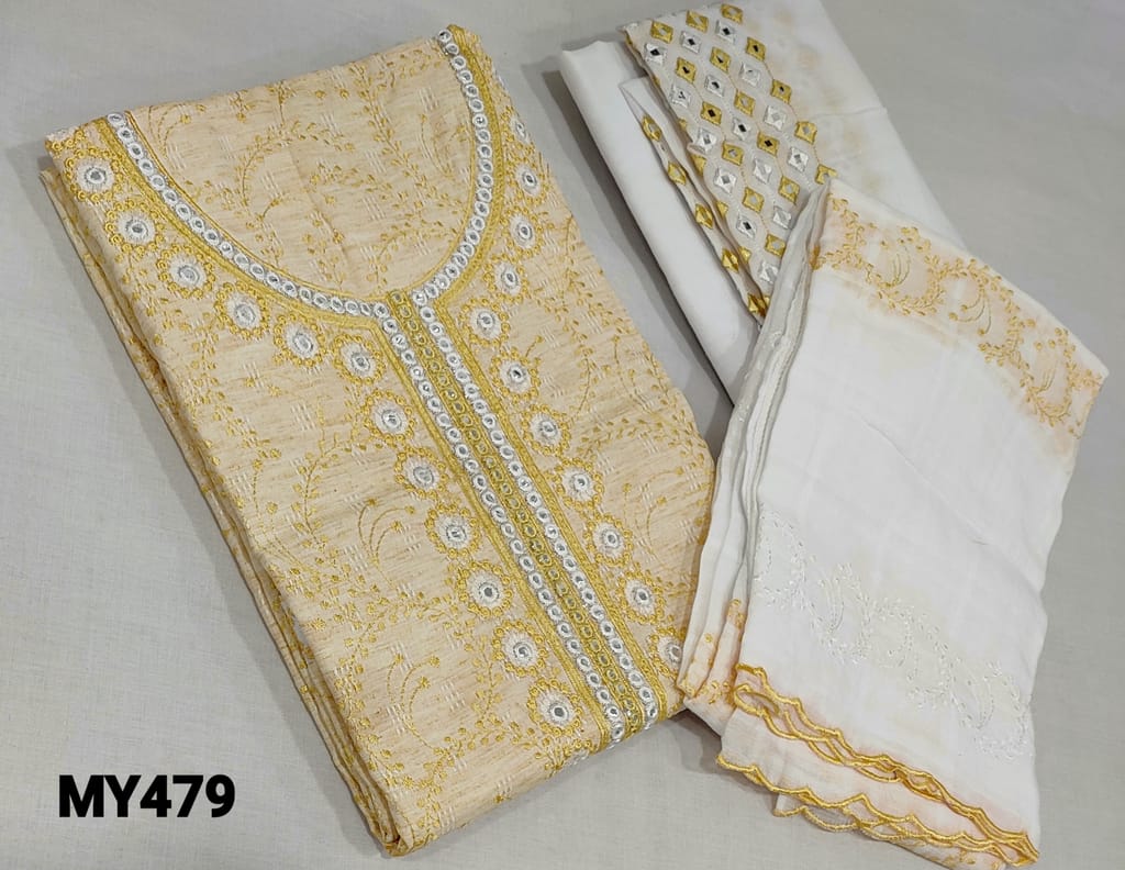 CODE MY479 : Premium Pastel Yellow Spun Silk Cotton unstitched Salwar material( lining optional) with thread and foil work on yoke, white cotton bottom with thread and foil work, block printed and embroidery  mul cotton dupatta