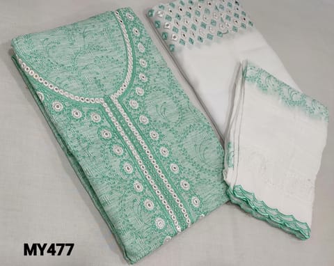 CODE MY477: Premium Pastel Green  Spun Silk Cotton unstitched Salwar material( lining optional) with thread and foil work on yoke, white cotton bottom with thread and foil work, block printed and embroidery  mul cotton dupatta