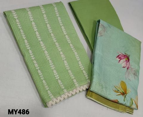 CODE MY486: Designer Pastel Green  Kota Silk Cotton unstitched Salwar material( lining required ) with thread and sequence  work on front side, matching cotton bottom with thread and foil work, digital printed kota silk cotton dupatta zari borders.