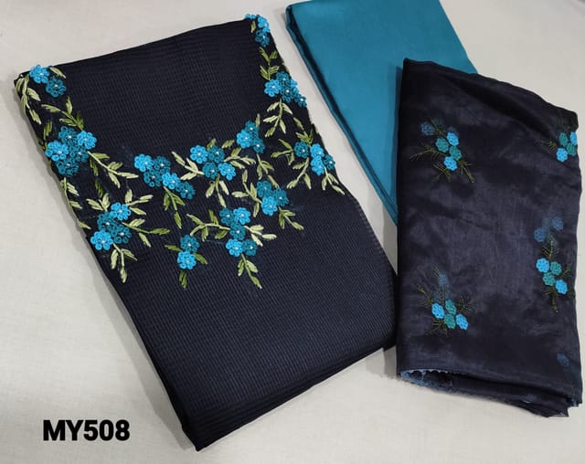 CODE MY508 : Designer Navy Blue fancy Silk Cotton  unstitched Salwar material( Netted faric, Requires lining) with embroidery and bead work on yoke, Silk cotton bottom, embroidery work on organza dupatta with tapings.