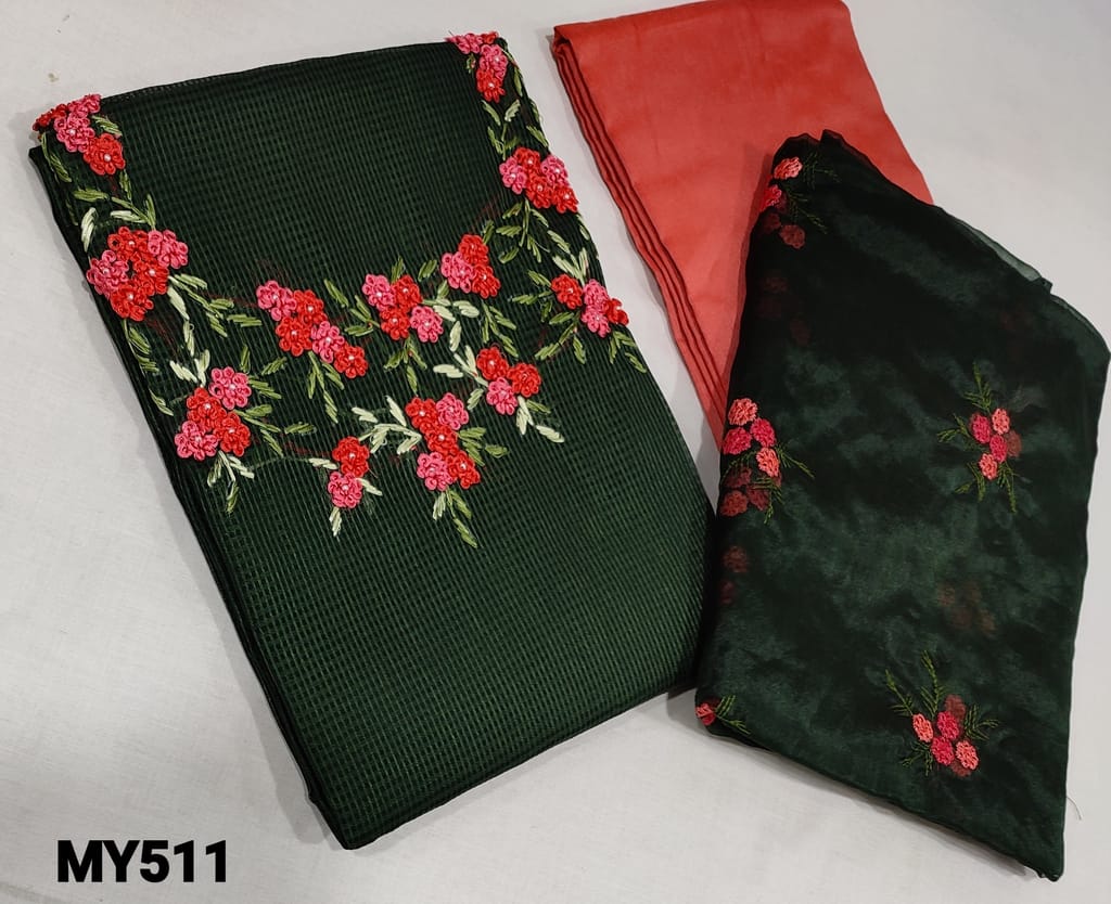 CODE MY511 : Designer Green fancy Silk Cotton  unstitched Salwar material( Netted faric, Requires lining) with embroidery and bead work on yoke, Silk cotton bottom, embroidery work on organza dupatta with tapings.