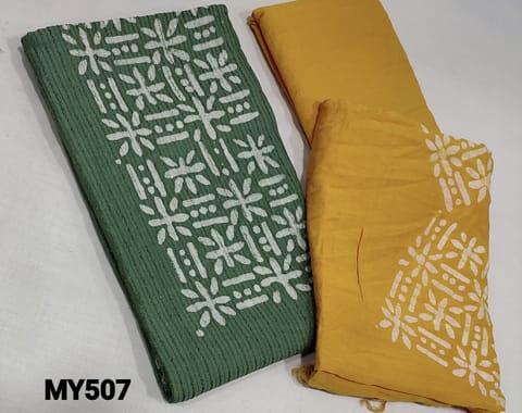 CODE MY507: Batik Dyed Green Soft silk Cotton unstitched Salwar materials(lining required) with thread and sequence work on frontside, yellow drum dyed soft thin cotton bottom, Batik dyed soft silk cotton dupatta(requires taping)