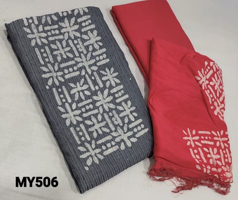 CODE MY506: Batik Dyed Grey Soft silk Cotton unstitched Salwar materials(lining required) with thread and sequence work on frontside, pink  drum dyed soft thin cotton bottom, Batik dyed soft silk cotton dupatta(requires taping)