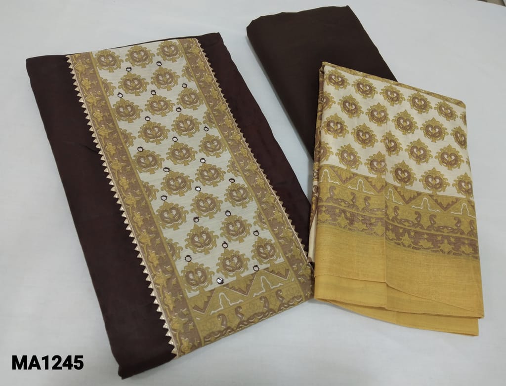 CODE MA1245  : Brown Satin Cotton unstitched Salwar material(lining optional) with printed patch work on yoke, matching cotton bottom, block printed fancy silk cotton dupatta.