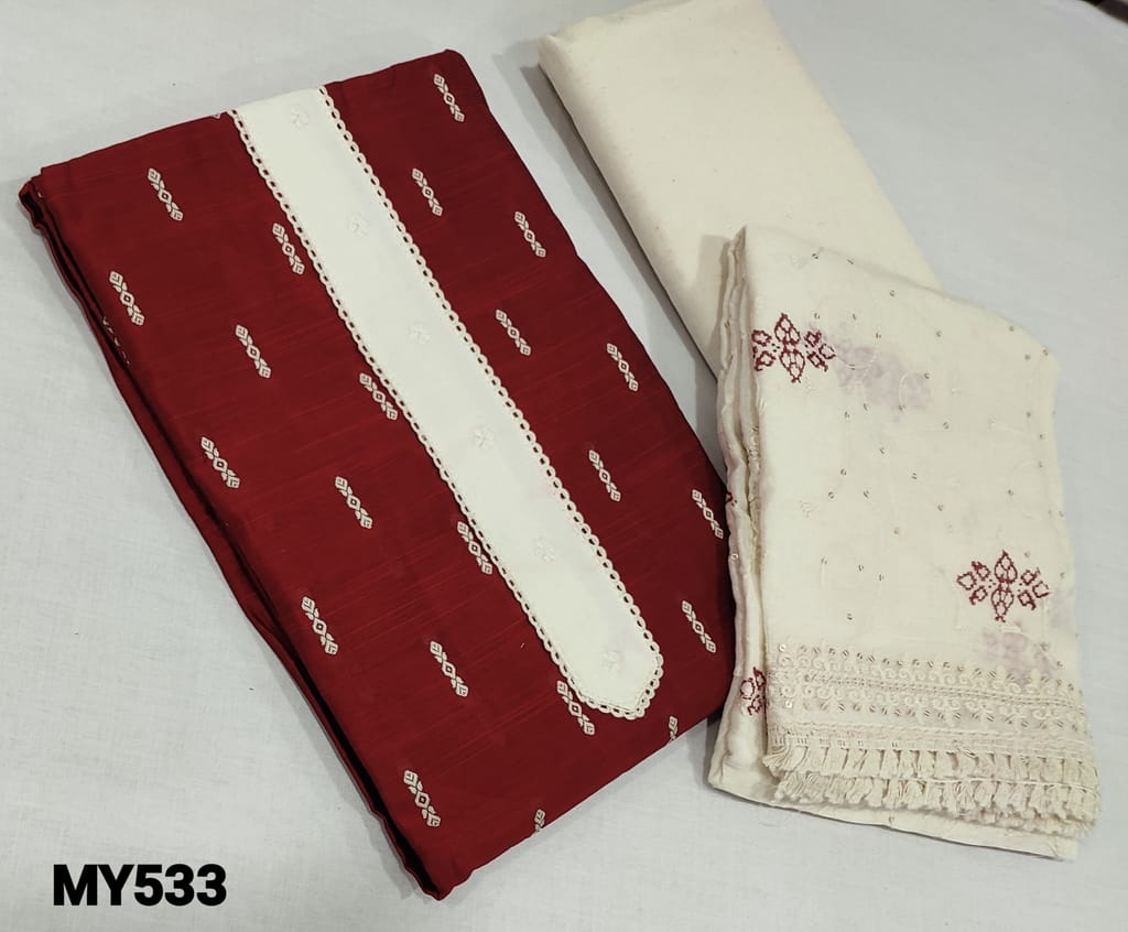 CODE MY533: reddish maroon Slub Silk Cotton unstitched Salwar material(lining required) with thread woven allover, lace work on yoke, cream kadhi cotton bottom, block printed, thread and sequence work on soft mul cotton dupatta with lace tapings.