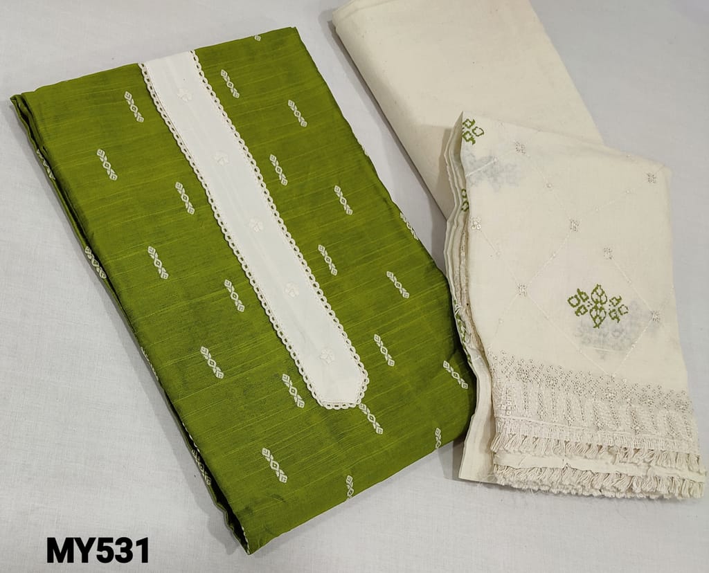 CODE MY531:  Light Green Slub Silk Cotton unstitched Salwar material(lining required) with thread woven allover, lace work on yoke, cream kadhi cotton bottom, block printed, thread and sequence work on soft mul cotton dupatta with lace tapings.