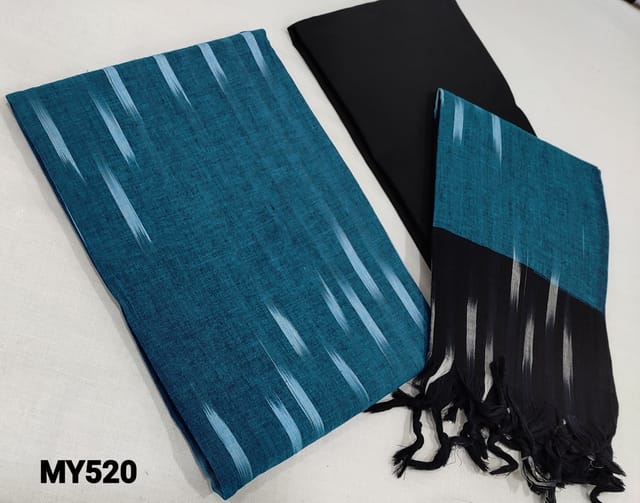 CODE MY520 : Blue Ikkat Woven Handloom Cotton Unstitched salwar material(lining optional), black handloom cotton bottom, dual shaded ikkat woven handloom dupatta with tassels.
