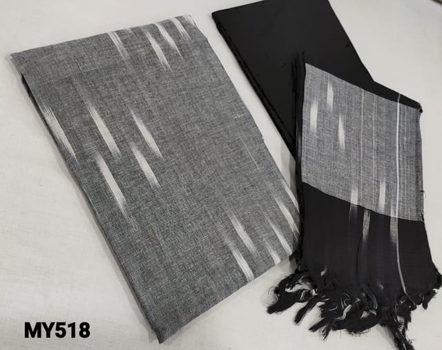 CODE MY518 : Grey Ikkat Woven Handloom Cotton Unstitched salwar material(lining optional), black handloom cotton bottom, dual shaded ikkat woven handloom dupatta with tassels.