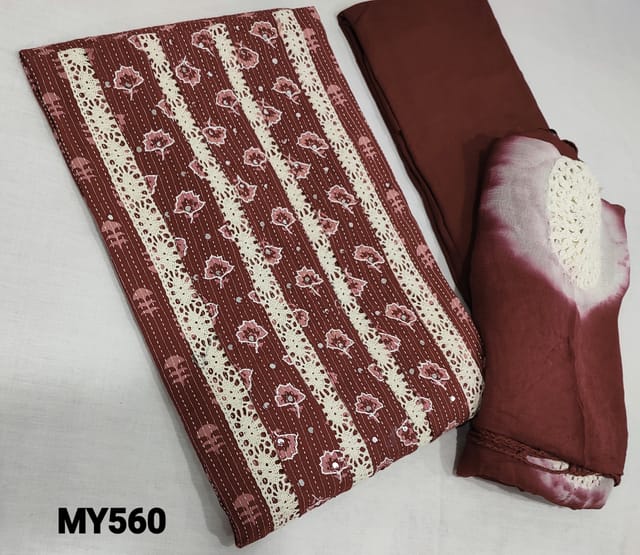 CODE MY560: Designer Maroon Premium Cotton unstitched Salwar materials(lining optional) with kantha stitch allover, lace work on yoke, matching cotton bottom, crochet work on premium chiffon dupatta with lace tapings.