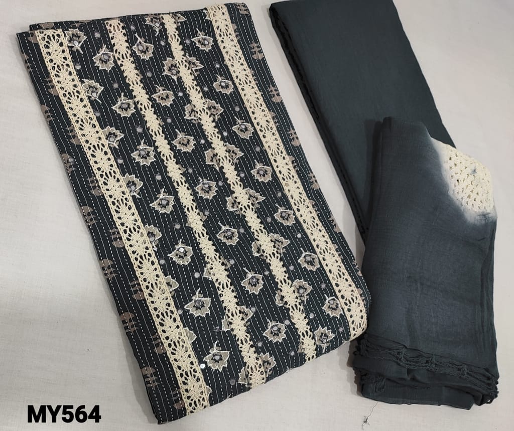 CODE MY564: Designer Grey Premium Cotton unstitched Salwar materials(lining optional) with kantha stitch allover, lace work on yoke, matching cotton bottom, crochet work on premium chiffon dupatta with lace tapings.