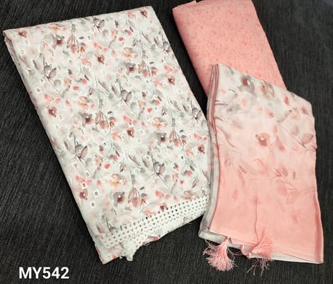 CODE MY542 :Peach Floral Printed Premium Hakoba Pure glazed cotton unstitched salwar materials( requires lining) with cut work and thread embroidery work on front side, chrochet lace work on daman, Printed back, Printed soft galzed cotton bottom, Floral Printed soft mul cotton dupatta