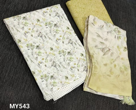 CODE MY543 :Pastel Green Floral Printed Premium Hakoba Pure glazed cotton unstitched salwar materials( requires lining) with cut work and thread embroidery work on front side, chrochet lace work on daman, Printed back, Printed soft galzed cotton bottom, Floral Printed soft mul cotton dupatta