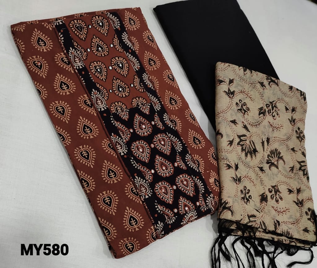 CODE MY580: Maroon Ajrak Block Printed pure soft Cotton Unstitched salwar material(lining optional) with French knot, thread and foil work on yoke, black cotton bottom, ajrak block printed super net dupatta with tasels