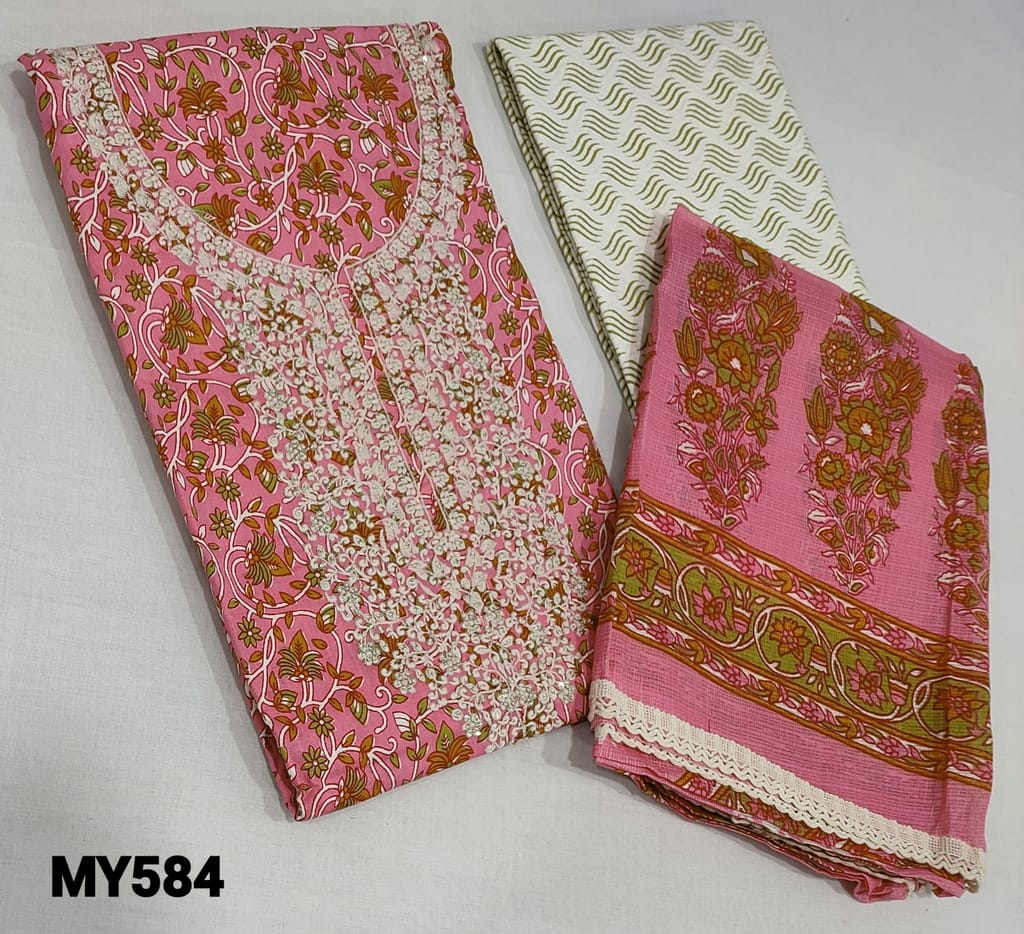 CODE MY584: Printed Pink Cotton unstitched salwar material(requires lining) with embroidery and sequence work on yoke, printed cotton bottom, printed kota cotton dupatta with lace tapings.