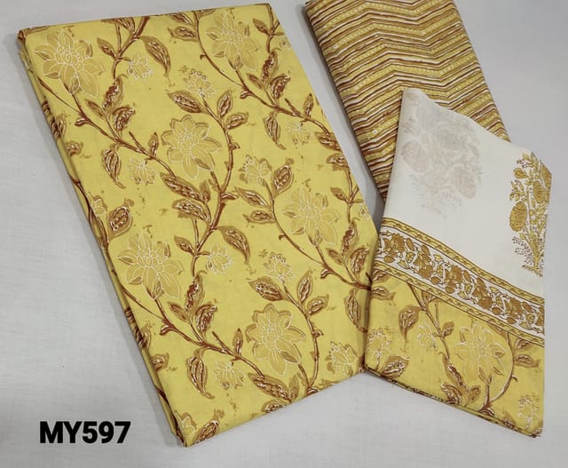 CODE MY597: Printed Yellow soft Cotton unstitched salwar material(requires lining), printed cotton bottom, printed mul cotton dupatta(requires taping)