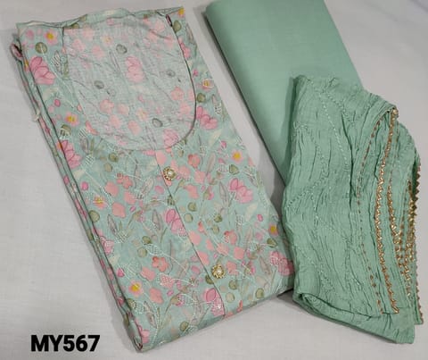 CODE MY567 :Pastel Pale Blueish Green Printed Satin cotton unstitched Salwar material( lining required) with thread and sequence work on frontside, round neck, , blue Cotton bottom, thread and sequence work on fancy crush silk cotton dupatta with gota lace tapings.