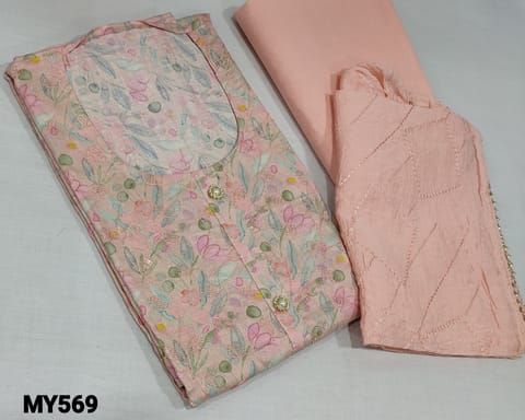 CODE MY569 :Pastel Pale Peach Printed Satin cotton unstitched Salwar material( lining required) with thread and sequence work on frontside, round neck, , peach Cotton bottom, thread and sequence work on fancy crush silk cotton dupatta with gota lace tapings.