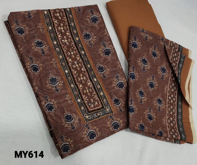 CODE MY614: Digital printed Brown Silk Cotton unstitched Salwar material(lining required) with thread and sequence work on yoke, cotton bottom, Digital printed Silk Cotton dupatta.