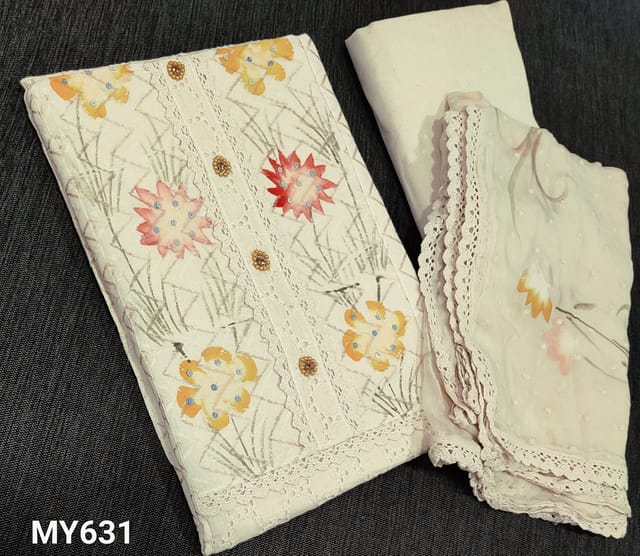 CODE MY631 :  Premium Half White Kadhi Cotton unstitched Salwar material(lining required) with brush paint and (yellow) fancy buttonon yoke, hakoba cutwork on panel, kadhi cotton bottom, brush paint work on chiffon dupatta with lace work
