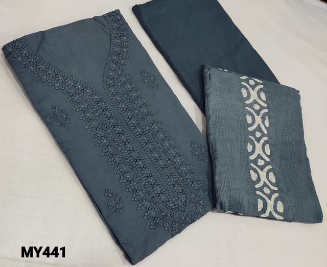 CODE MY441 :  Premium Grey Cotton unstitched salwar material(optional lining) with embroidery and sequence work, matching cotton bottom, batik dyed cotton dupatta