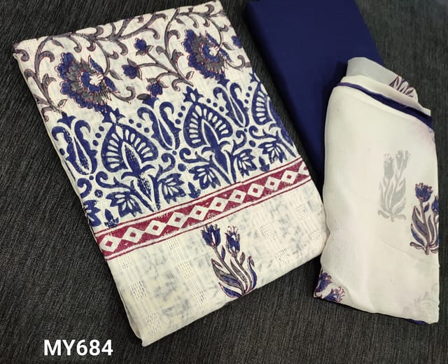 CODE MY684 :  Block Printed Half White Jakard Cotton unstitched Salwar material (requires lining), blue cotton bottom, Block printed Dual Shaded Chiffon dupatta.