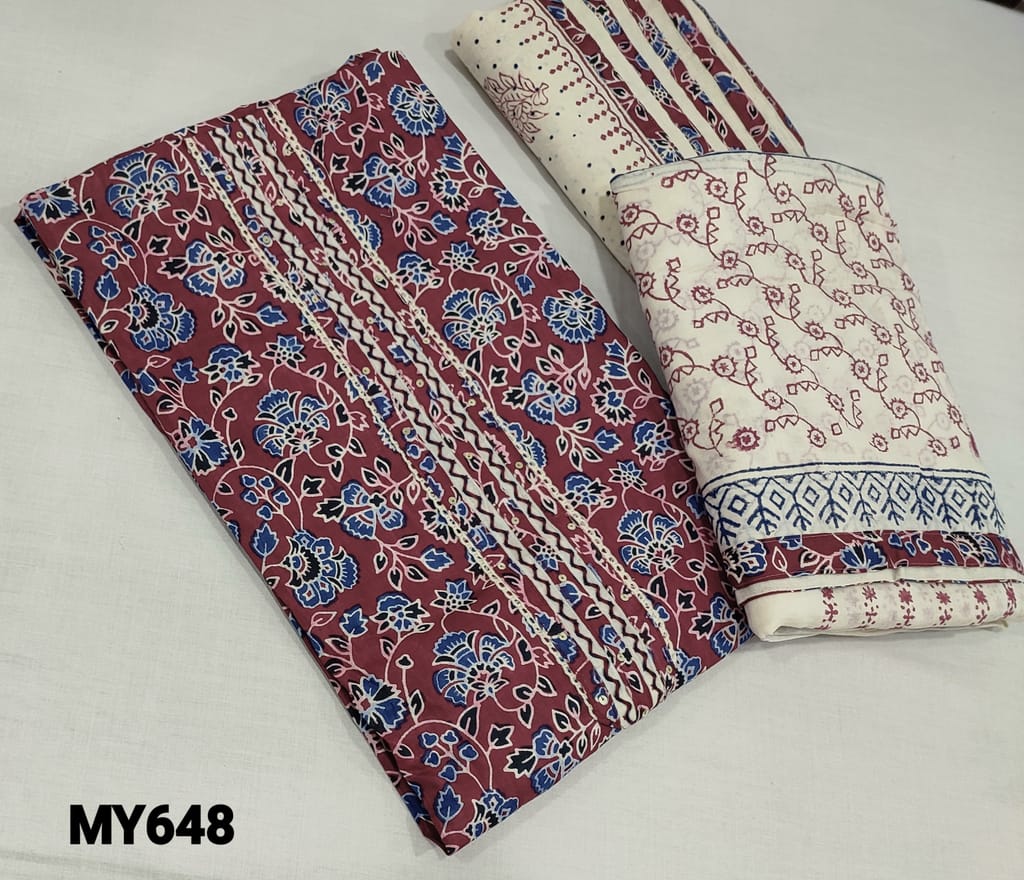 CODE MY648 : Kalamkari Printed sober Maroon soft Cotton unstitched Salwar material (lining optional) with thread and sequence work on yoke, block printed kadhi cotton bottom, block printed mul cotton dupatta with tapings.