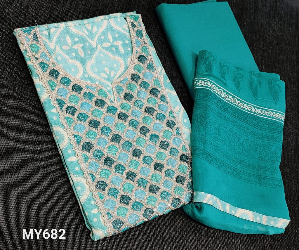 CODE MY682: Designer Printed Pastel Blue soft Liquid fabric unstitched Salwar material(flowy fabric, lining optional) with zari, thread and sequence work on yoke, fancy button on yoke, turquoise blue cotton bottom,  block printed chiffon dupatta with tapings.