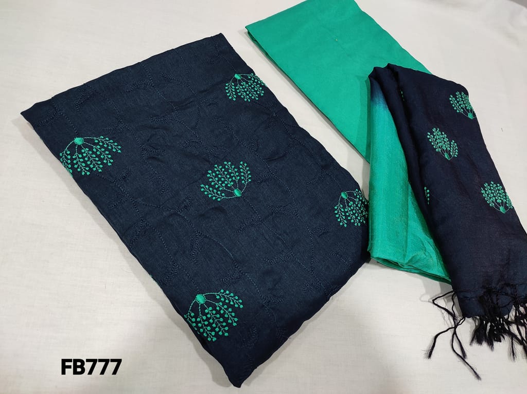 CODE FB777 : Navy Blue Fancy Silk Cotton unstitched Salwar material(slightly course requires lining ) with embroidery  work on front side, turquoise green silk cotton bottom.fancy soft dual shaded embroidered silk cotton dupatta with tassels