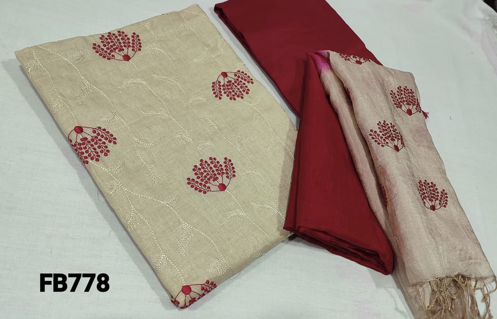 CODE FB778 : Beige Fancy Silk Cotton unstitched Salwar material(slightly course requires lining ) with embroidery  work on front side, red silk cotton bottom.fancy soft dual shaded embroidered silk cotton dupatta with tassels