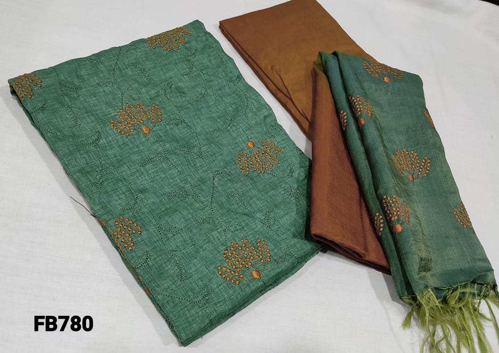CODE FB780 : Pastel Green Fancy Silk Cotton unstitched Salwar material(slightly course requires lining ) with embroidery  work on front side, Honey Brown silk cotton bottom.fancy soft dual shaded embroidered silk cotton dupatta with tassels