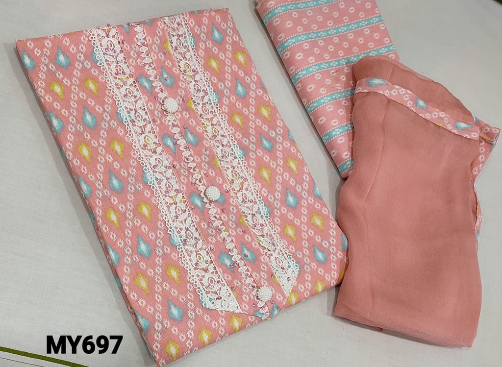 CODE MY697 : Printed Pastel Pink soft Cotton unstitched Salwar material( lining required) with fancy buttons, lace and sequence work on yoke, printed cotton bottom, soft chiffon dupatta with tapings.
