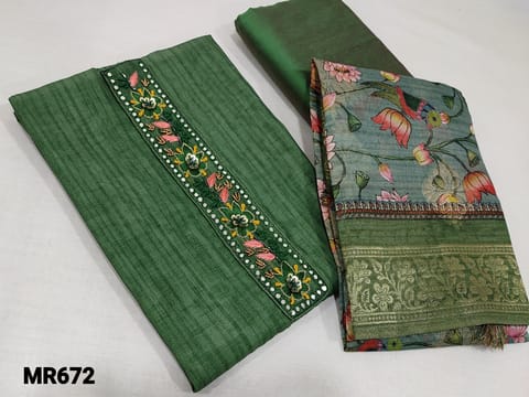CODE MR672 :Designer Green Fancy Silk Cotton unstitched salwar material(lining required) with Thread embroidery, sequence, faux mirror and bead work on yoke, Silk cotton bottom, Digital Printed colourful kalamkari prints along with antique zari woven borders and buttas with tassels