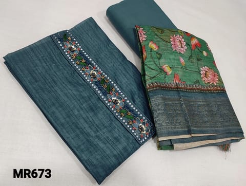 CODE MR673 :Designer Blue Fancy Silk Cotton unstitched salwar material(lining required) with Thread embroidery, sequence, faux mirror and bead work on yoke, cotton bottom, Digital Printed colourful kalamkari prints along with antique zari woven borders and buttas with tassels
