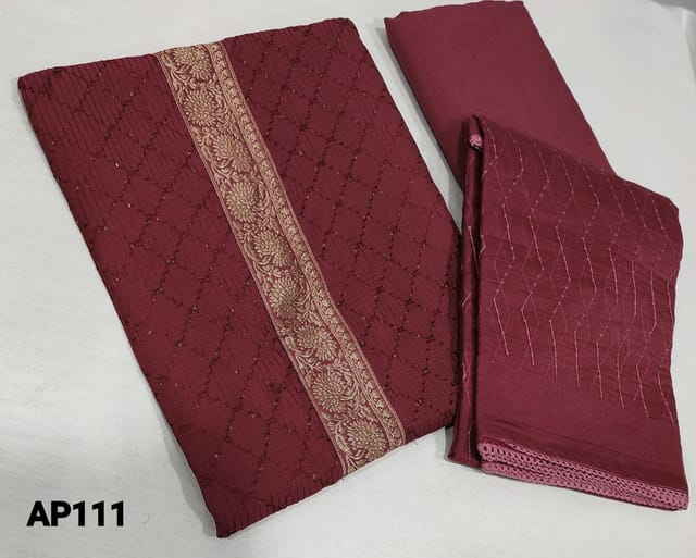 CODE AP111 : Maroon Fancy Silk Cotton unstitched Salwar material with thread and tiny sequence work on front side, Brocade patched on yoke and daman,  matching pure Cotton lining included,  NO BOTTOM, Organza dupatta with thread and sequence work with lace tapings.