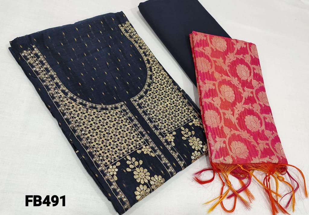 CODE FB491 : Navy Blue Silk Cotton with zari woven buttas Unstitched Salwar material(requires lining ) with heavy sequence and zari work on yoke, cotton bottom, Pink Benarasi woven silk cotton dupatta and tassels(weaving design might very)