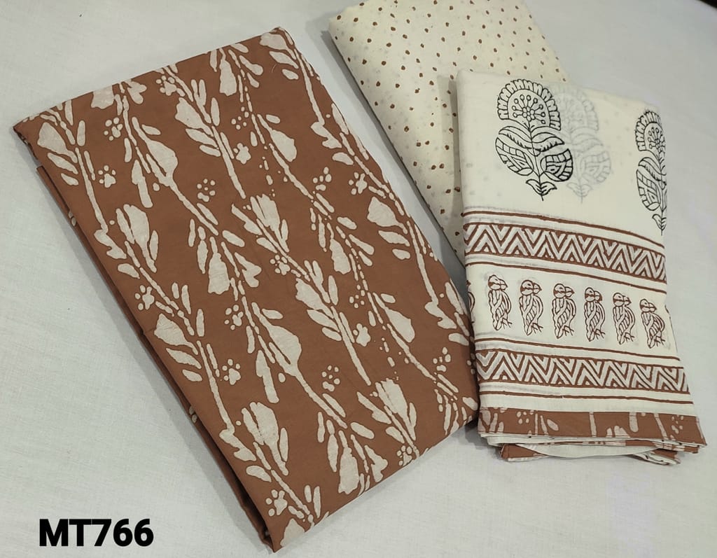 CODE MY766: Vegtable Dyed Block Printed Brown soft Cotton unstitched salwar material(lining optional) , block printed cotton bottom, block printed mul cotton dupatta with tapings