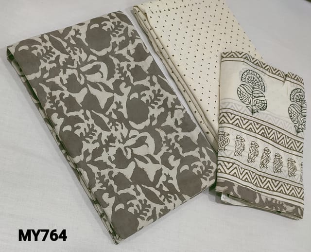 CODE MY764: Vegtable Dyed Block Printed Grey soft Cotton unstitched salwar material(lining optional) , block printed cotton bottom, block printed mul cotton dupatta with tapings