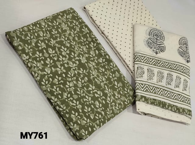 CODE MY761: Vegtable Dyed Block Printed Green soft Cotton unstitched salwar material(lining optional) , block printed cotton bottom, block printed mul cotton dupatta with tapings