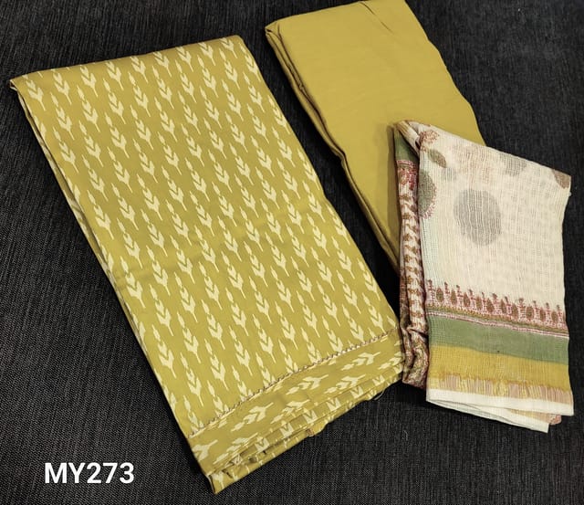 CODEMY273 : Printed Mehandhi Yellow Satin cotton unstitched salwar material(lining required), gota lace taping in daman, matching drum dyed thin cotton fabric provided which can be used as lining or bottom, block printed kota silk cotton dupatta with zari lines(requires taping)