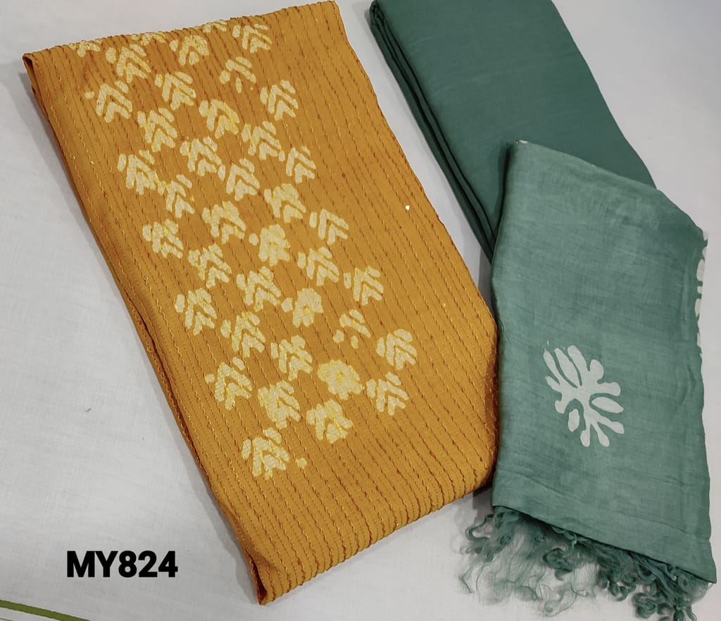 CODE MY824: Batik Dyed Fenugreek Yellow Soft silk Cotton unstitched Salwar materials(lining required) with thread and sequence work on frontside, cement green drum dyed soft thin cotton bottom, Batik dyed soft silk cotton dupatta(requires taping)