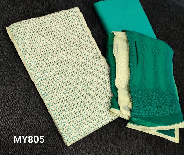CODE MY805 : Designer Pastel Green Fancy Silk Cotton unstitched Salwar materials(lining required) with heavy embroidery and sequence work on yoke, dark green silk cotton bottom, heavy thread and sequence work on dual shaded premium chiffon dupatta with tapings.