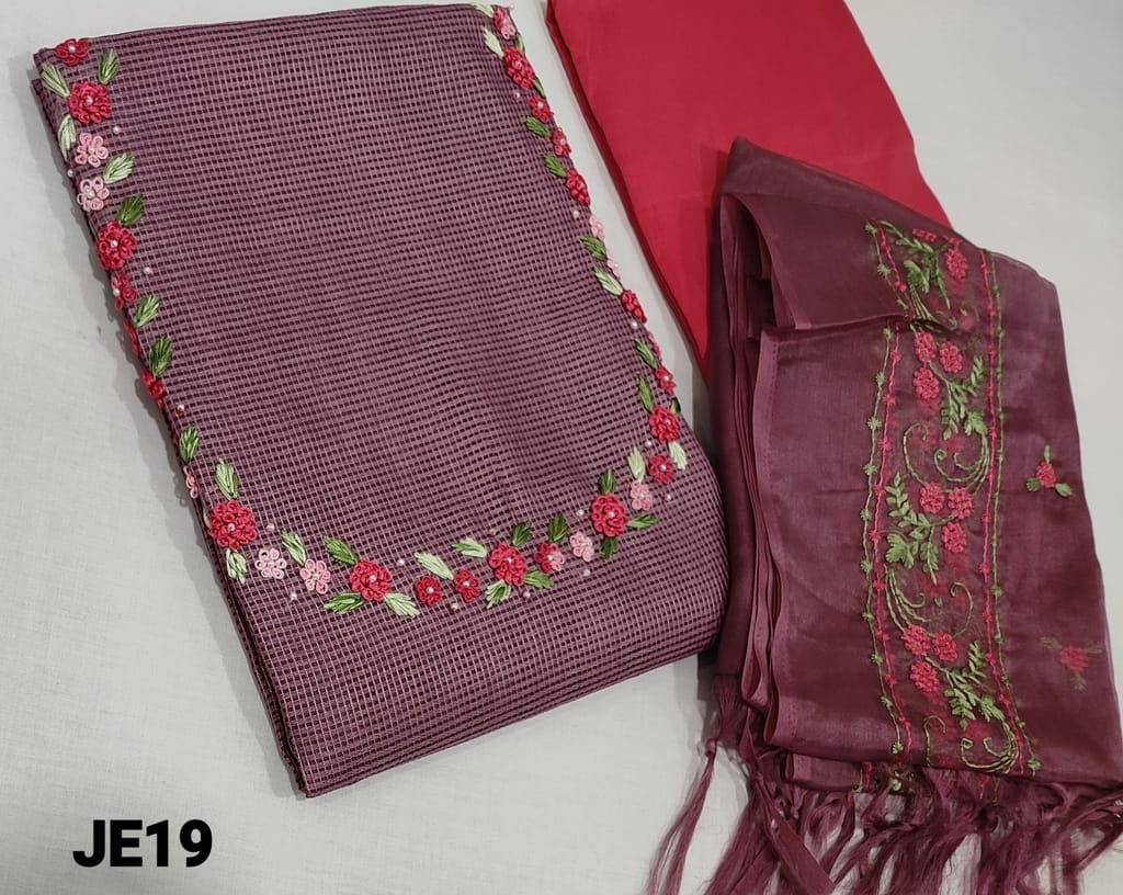 CODE JE19: Premium Muve (lavender shade) fancy Kota Silk Cotton unstitched salwar material(lining required) with embroidery and pearl bead work on yoke, dark Pink silk cotton bottom, embroidery work on organza dupatta with tassels.