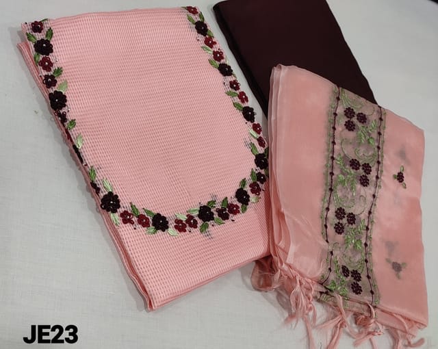 CODE JE23: Premium Pastel Pink fancy Kota Silk Cotton unstitched salwar material(lining required) with embroidery and pearl bead work on yoke, dark maroon silk cotton bottom, embroidery work on organza dupatta with tassels.