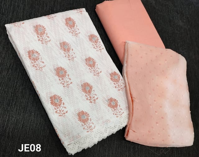 CODE JE08: Block Printed White Cotton unstitched salwar material(lining required) with embroidery work on frontside, pastel peach cotton bottom, shibori dyed chiffon dupatta with lace tapings