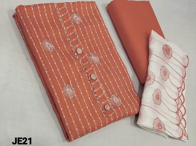 CODE JE21 : Dark Peach Spun Silk Cotton unstitched Salwar material(lining optional) with thread woven allover, buttons and gota work on yoke, matching cotton bottom,  embroidery work on kota silk cotton dupatta.