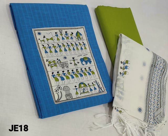 CODE JE18 : Blue Handloom Cotton unstitched Salwar material(lining required) with warli patch work on yoke, mossy green cotton bottom, warli printed fancy silk cotton dupatta with tassels.