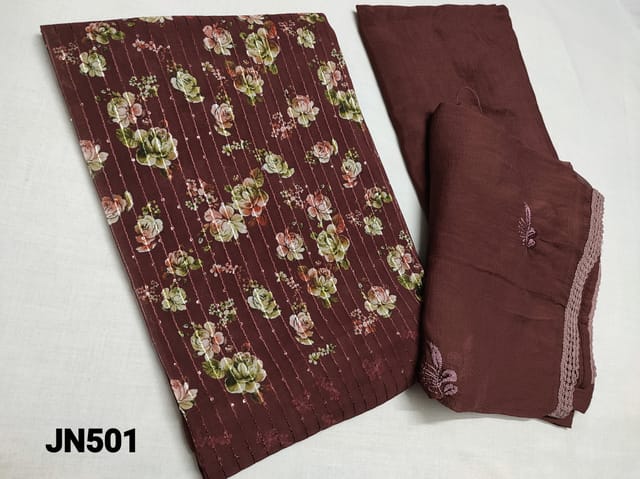 CODE JN501 : Digital Printed Maroon Georgette unstitched Salwar material(thin fabric requires lining) with thread weaving on front side, plain back, Maroon santoon bottom, Georgette dupatta with Thread Embroidery work and lace tapings