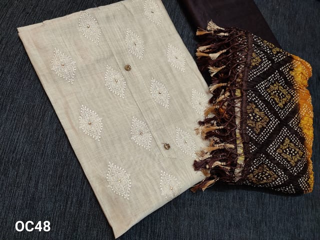 CODE OC48 : Premium Beige Silk Cotton unstitched Salwar material(thin fabric requires lining) with Thread embroidery work on front side, plain back, Brown silk cotton bottom, Bandhini printed Crush dupatta with tapings